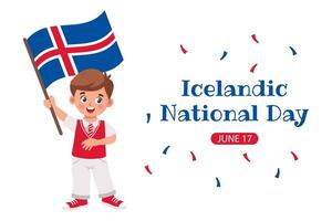 isländsk nationell dag. baner med söt liten pojke med isländsk flagga i hand. vektor