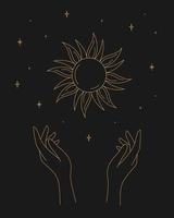 magisk esoterisk astrologi kontur händer solstjärnor tatuering design. vektor illustration.