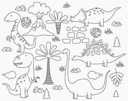 süße Dinosaurier und tropische Pflanzen. lustige Cartoon-Dino-Sammlung. handgezeichnetes Vektor-Doodle-Set für Kinder. vektor