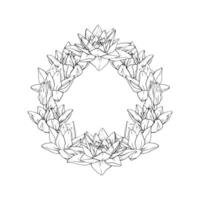 krans från lotus blommor och löv i linje konst stil. svart översikt illustration tropisk vatten lilja och löv målad förbi svart bläck. hand dragen skiss blommor för inbjudningar, skriva ut design vektor