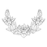 lotus blommor med löv skiss. svart översikt illustration målad förbi svart bläck. hand dragen etsade linje mönster med blomning näckros för dekor, tapet, affisch, baner, kort vektor