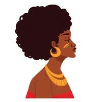 afrikansk kvinna med jeri lockar och örhängen pryder själv med halsband och örhängen henne afro hår. vektor