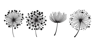 Löwenzahn Blume Silhouetten. Frühling Jahreszeit Blühen Blowball Blumen Kritzeleien Illustration. Löwenzahn flauschige Natur Silhouette vektor