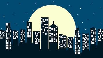 stadsbild illustration av horisont byggnad med full måne natt vektor