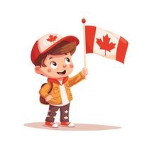 animerad ung pojke innehav kanada flagga, platt design illustration, isolerat på vit bakgrund vektor