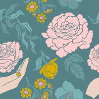 hand dragen rosa, grön och beige färger blomning blommor sömlös mönster på mörk blå bakgrund. vektor