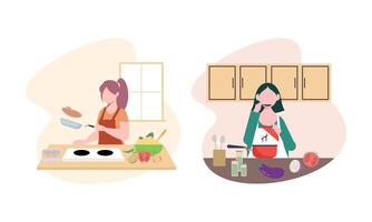 Sammlung von Menschen Kochen im Küche, Portion Tisch, Essen zusammen, Essen Essen vektor