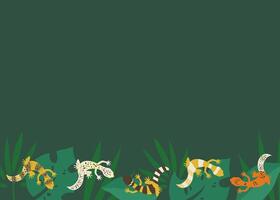 exotisk bakgrund med växter och leopard geckoödlor på löv. reptil platt illustration för Zoo eller terrarium vektor