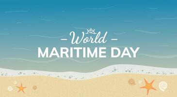 Welt maritim Tag Feier Banner Design. Seestern auf das Strand mit Muscheln. Strand Szene mit Weichtier auf Sand vektor