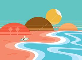 ein minimalistisch Szene von ein Strand Sonnenuntergang mit zwei Menschen, einer Kiten das Sonne, mit stilisiert Hügel und beschwingt Farben. vektor