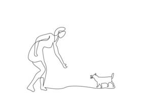 Frau weiblich Hund Freund spielen draußen zusammen Lebensstil Lebensstil einer Linie Kunst Design vektor