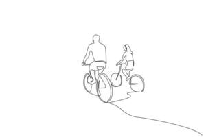 Paar Frau Mann Fahrrad Reiten zusammen Liebe draußen zurück Aussicht einer Linie Kunst Design vektor