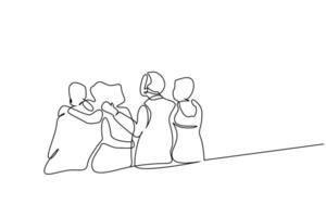 jung weiblich männlich Menschen Mannschaft Zusammenarbeit Studenten umarmen Gehen draußen posieren glücklich Linie Kunst vektor