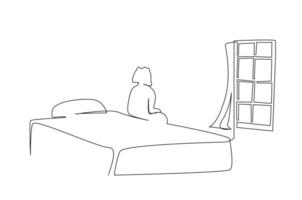Frau Schlafzimmer Sitzung auf Bett suchen aus Fenster Denken Ruhe Leben Linie Kunst Design vektor