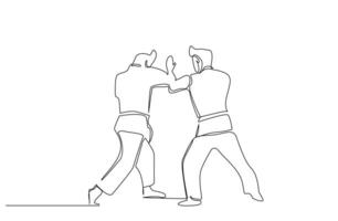 zwei Menschen schließen Kampf Karate Taekwondo Aikido Kampf trainieren Sport Linie Kunst vektor