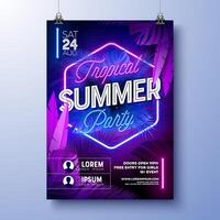 Sommer- Party Flyer Design Vorlage mit glühend Neon- Licht auf fluoreszierend tropisch Blätter Hintergrund. Sommer- Feier Urlaub Illustration zum Banner, Flyer, Einladung oder Feier Poster. vektor