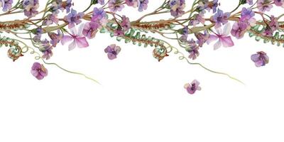 hand dragen vattenfärg illustration sjaskig boho botanisk blommor. bergenia lungört angelonia heliotrop, hav lavendel. skog ormbunke skjuta. sömlös baner isolerat på vit. design bröllop, kärlek kort vektor