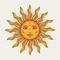 Sol med ansikte, öppen ögon, leende. mytologisk saga karaktär, alkemi och astrologi symbol. sol- tecken. illustration i årgång stil på vit bakgrund. häftig, boho, hippie stil, barn design vektor