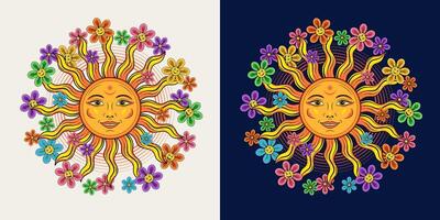 cirkulär märka med Sol med leende ansikte. spridd runt om liten kamomill blommor. Lycklig daisy tycka om tecknad serie emoji karaktär. häftig hippie retro boho stil för t-shirts, barn design vektor