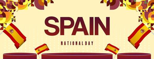 spanska nationell dag bred baner i färgrik modern geometrisk stil. nationell och oberoende dag hälsning kort med Spanien flagga. bakgrund fira nationell Semester fest vektor