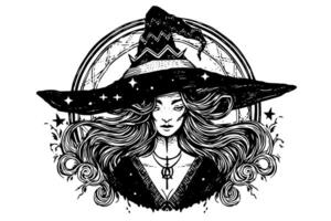 Hexe Halloween Frau Hand gezeichnet Tinte skizzieren. Gravur Stil Illustration vektor