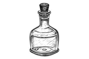flaska med trä- propp hand dragen bläck skiss. graverat stil illustration. vektor