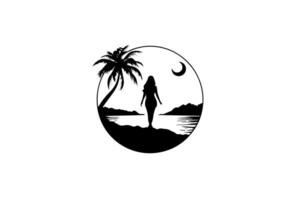 Mond entkommen tropisch Strand Erholungsort, Palme und Mädchen Logo Design. vektor