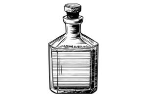 Flasche mit hölzern Stopper Hand gezeichnet Tinte skizzieren. graviert Stil Illustration. vektor