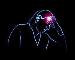 Illustration von ein Mädchen mit ein Kopfschmerzen. Neon- Kontur Zeichnung von ein Mädchen umklammern ihr Kopf. Migräne. vektor