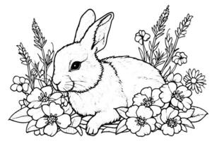 Jahrgang Ostern Hase und Blumen- Illustration graviert Hase im ein Frühling Garten. vektor