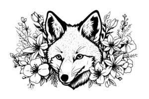Fuchs Kopf gerahmt mit Blumen Hand gezeichnet Tinte skizzieren. Gravur Stil Illustration. vektor
