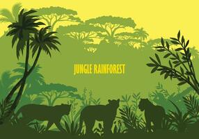 djungel regn skog bakgrund. exotisk flora med kopia Plats för bakgrund design, baner med silhuett av tropisk växt och djur. vektor
