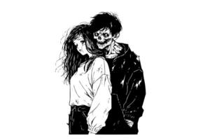 zombie kärlek match par hand dragen bläck skiss. kvinna och man zombies. graverat stil illustration. vektor