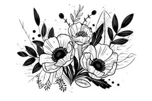 hand dragen bläck skiss av äng vild blomma sammansättning. graverat stil illustration. vektor