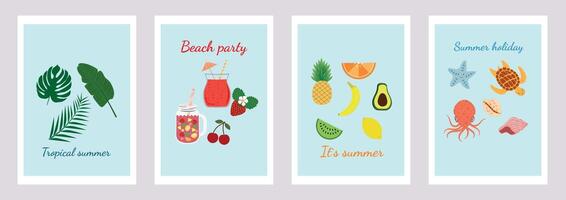 uppsättning av söt modern sommar affischer, plakat, kort. is grädde, frukt, hav liv, cocktails. interiör skriva ut för en barns rum. illustrationer av sommar högtider, resa, semester. vektor