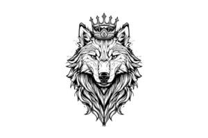 Wolf Kopf im Krone Hand gezeichnet Tinte skizzieren. Gravur Jahrgang Stil Illustration. Design zum Logo, Maskottchen, drucken. vektor