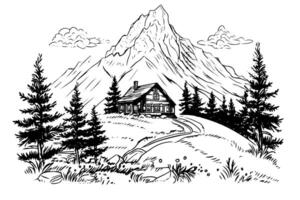 Berg ländlich Landschaft Hand gezeichnet Tinte skizzieren. Gravur Jahrgang Stil Illustration. vektor