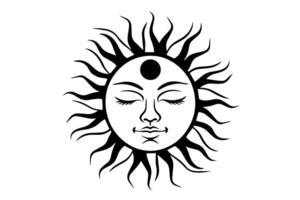 Jahrgang mystisch Sonne mit Gesicht Jahrgang Logo Design Illustration. vektor