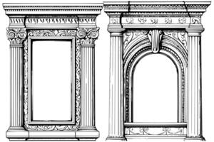 Jahrgang architektonisch Frames Barock und gotisch Bogen Designs im detailliert Skizzen. vektor