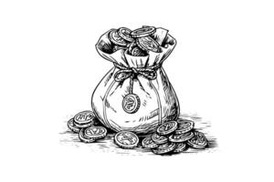 Jahrgang Tasche voll von Geld Münzen Hand gezeichnet Tinte skizzieren. Gravur Stil Illustration. vektor