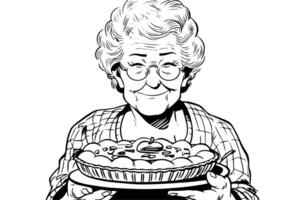 årgång mormor matlagning nostalgisk illustration av en klok kvinna bakning paj. vektor