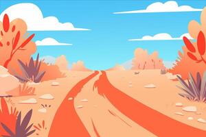 Illustration von Wüste Landschaft mit Straße, im Karikatur eben Stil. vektor