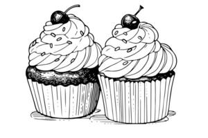 Cupcake mit Kirsche Hand gezeichnet Tinte skizzieren. graviert Stil retro Illustration. vektor