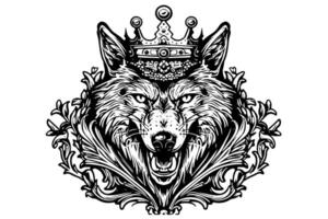 Wolf Kopf im Krone Hand gezeichnet Tinte skizzieren. Gravur Jahrgang Stil Illustration. Design zum Logo, Maskottchen, drucken. vektor