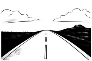 enkel väg hand dragen bläck skiss motorväg landskap. graverat stil illustration. vektor