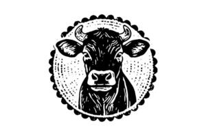 schwarz Kuh Kopf Logo zum Fleisch Industrie oder Bauern Markt Hand gezeichnet Briefmarke bewirken Illustration. vektor