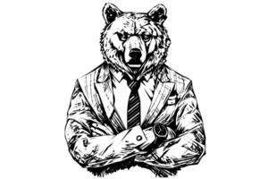 Jahrgang handgemalt Bär im Geschäftsmann passen Hipster Tier Charakter skizzieren mit Typografie Design. vektor
