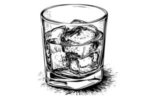 Jahrgang Whiskey Glas skizzieren handgemalt graviert Illustration von trinken mit Eis. vektor