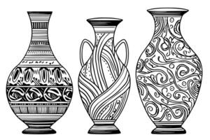 einstellen von uralt Vase Hand gezeichnet Tinte skizzieren. graviert Stil Illustration. vektor