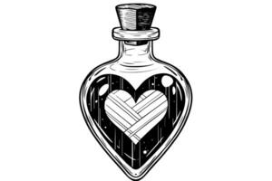 Magie Flasche mit Liebe Trank Hand gezeichnet Tinte skizzieren. graviert Stil Illustration. vektor